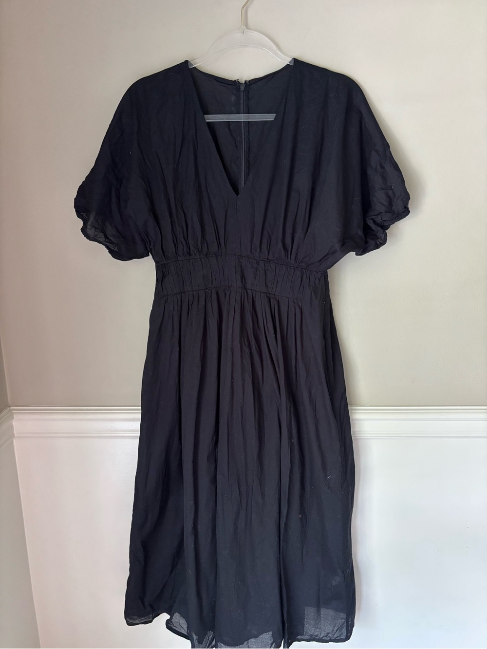 Banana Republic Black V-Neck Puff Sleeve Midi Dress